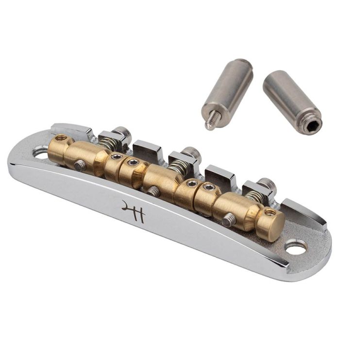 Halon offset guitar bridge, imperial posts, chrome gloss 1060 steel bridge plate, satin raw MS-58 brass saddles