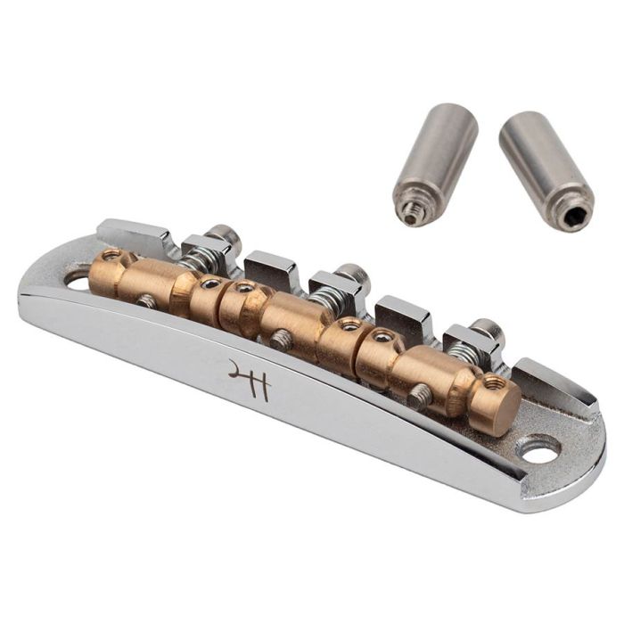 Halon offset guitar bridge, imperial posts, chrome gloss 1060 steel bridge plate, satin raw phosphor bronze saddles