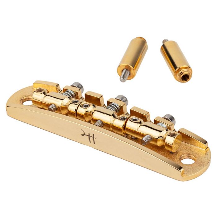 Halon offset guitar bridge, metric posts, full 1060 steel, gold plated gloss