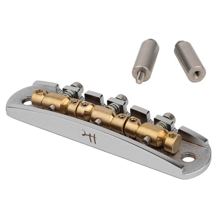 Halon offset guitar bridge, metric posts, chrome gloss 1060 steel bridge plate, satin raw MS-58 brass saddles