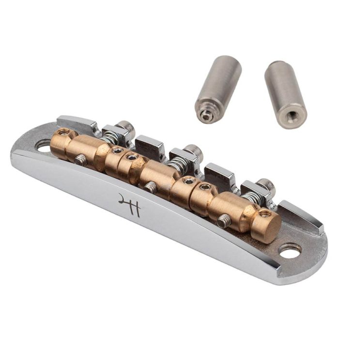 Halon offset guitar bridge, metric posts, chrome gloss 1060 steel bridge plate, satin raw phosphor bronze saddles