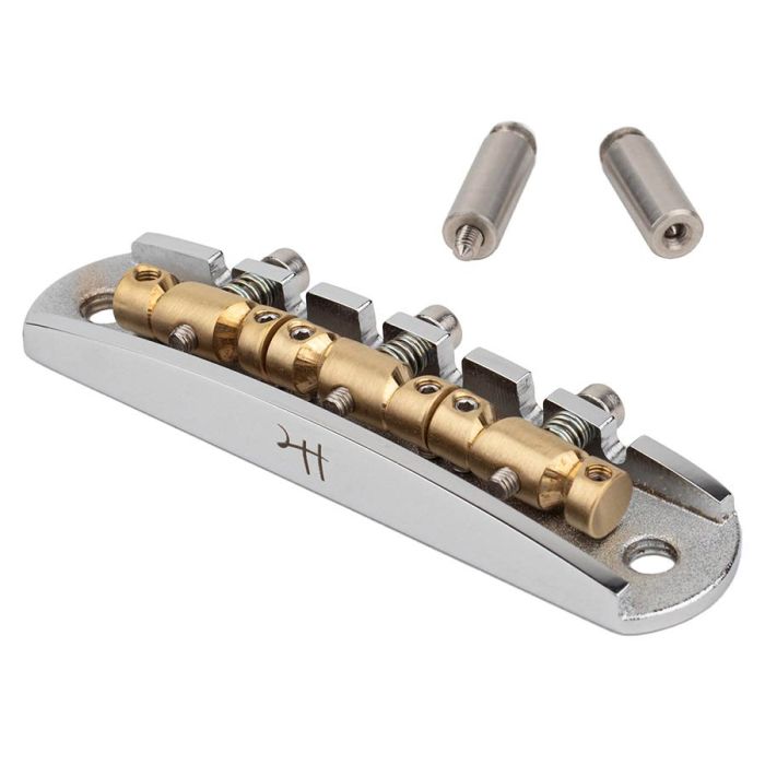 Halon offset guitar bridge, rocking posts, chrome gloss 1060 steel bridge plate, satin raw MS-58 brass saddles