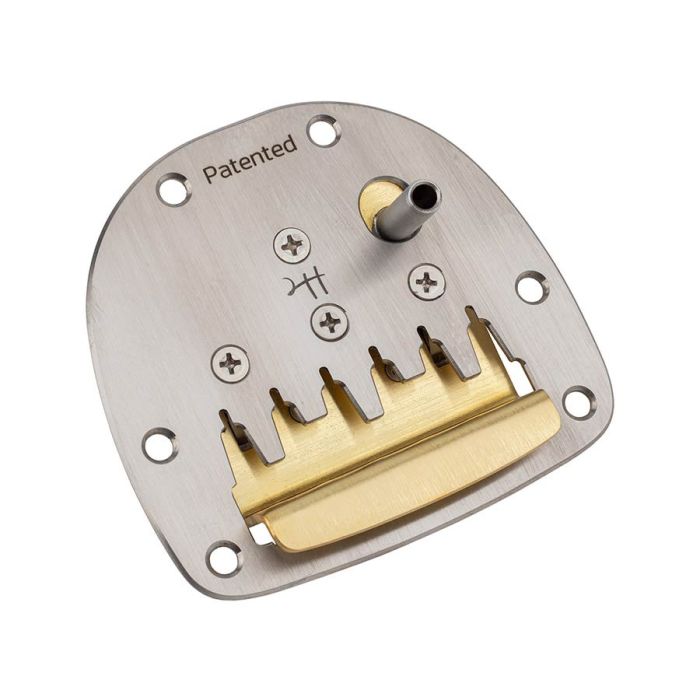 Halon offset guitar patented vibrato, stainless steel with MS-58 brass string plate, cream tip, satin