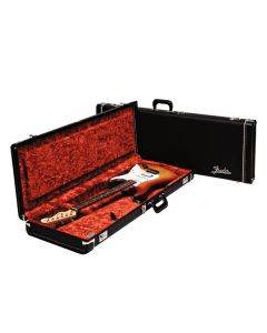 Fender deluxe case for electric guitar leather handle and ends black tolex & orange plush interior 