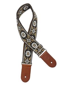 Gaucho Traditional Deluxe Series guitar strap, 2  jacquard weave, brown leather slips, brown garment leather backing, white/black