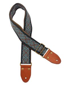 Gaucho Authentic Deluxe Series guitar strap, 2" jacquard weave, leather slips with pins, brass buckle, suede backing, bk/bu