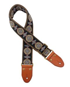 Gaucho Authentic Deluxe Series guitar strap, 2" jacquard weave, leather slips with pins, brass buckle, suede backing, bk/bu/rd