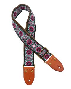 Gaucho Authentic Deluxe Series guitar strap, 2" jacquard weave, leather slips with pins, brass buckle, suede backing, bk/bu/pk