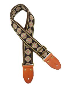 Gaucho Authentic Deluxe Series guitar strap, 2" jacquard weave, leather slips with pins, brass buckle, suede backing, bk/gn