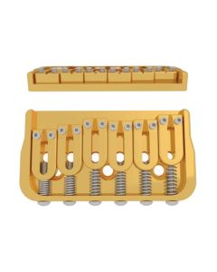 Hipshot 6 string fixed guitar bridge, solid brass base plate, stainless steel saddles, gold