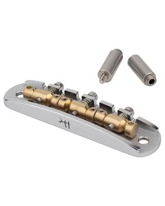 Halon offset guitar bridge, imperial posts, chrome gloss 1060 steel bridge plate, satin raw MS-58 brass saddles